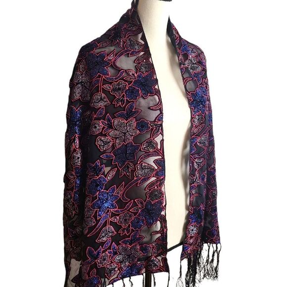 Weixinfushi Black Silk Embroidered Velvet Sequined Floral Fringe Shawl Scarf NWT - Picture 2 of 7